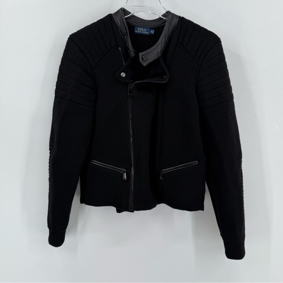 Ralph Lauren Wool zip up moto cardigan with leather trim size medium - Picture 1 of 7